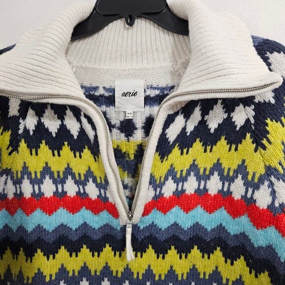Aerie Fairisle Quarter Zip Chunky Nordic Women's Sweater. Size Medium. - Picture 3 of 6